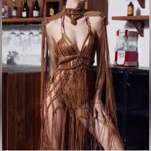 Boho Chic Handwoven Tassel Dress & Shawl Set - Sexy Long Skirt with Vintage Cape